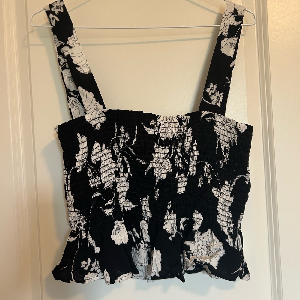 Floral Black and White Smocked crop tank Top